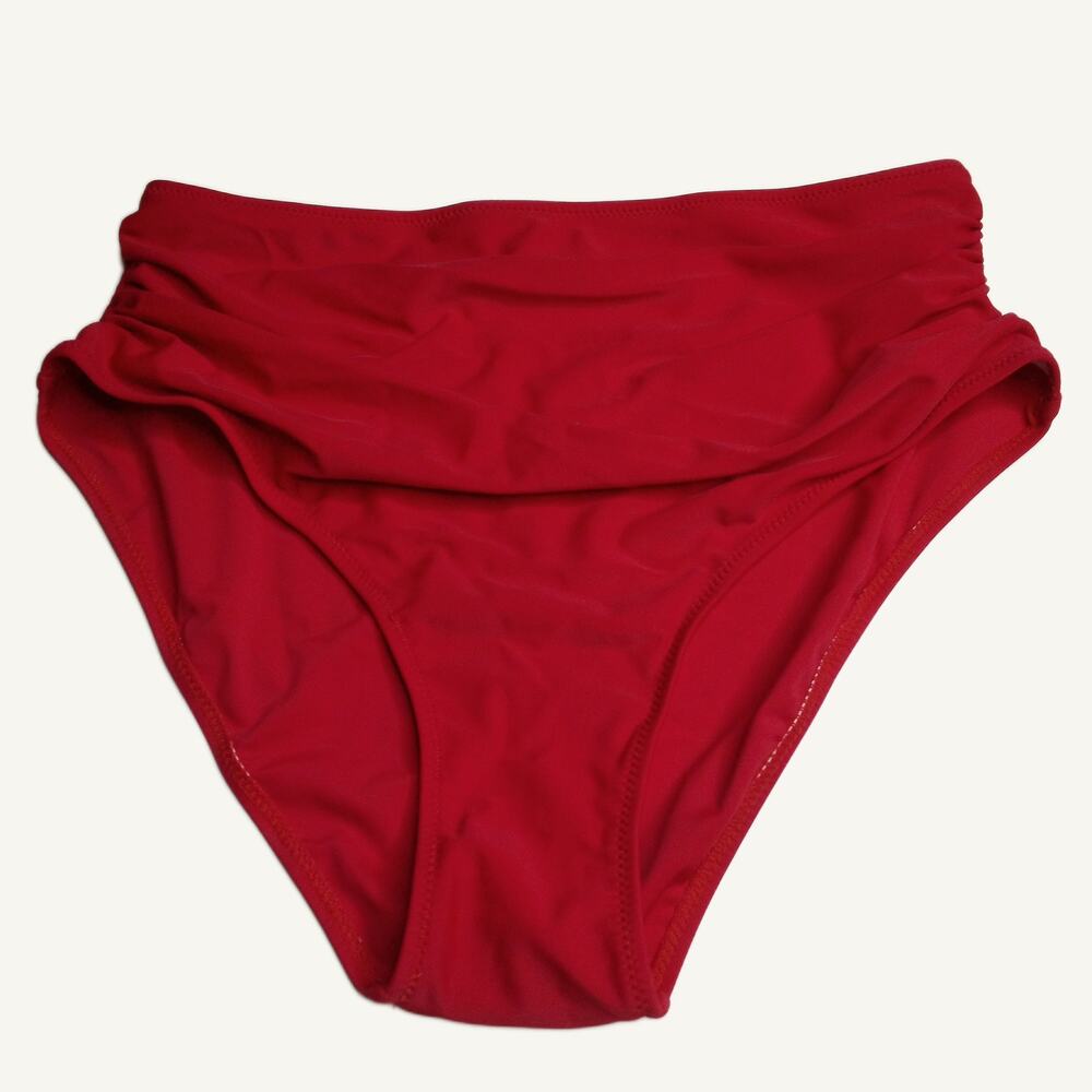 Red High-Waisted Swimsuit Bottoms - Ruched Sides, White Lined, Size L